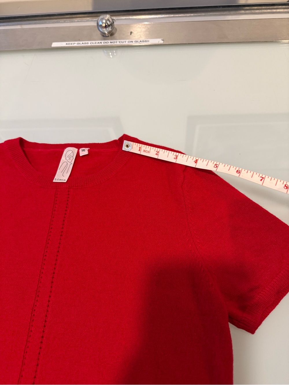 LONIA 100% Cashmere Red Short Sleeve Pointelle Center Crewneck Knit Sweater M - Picture 8 of 8